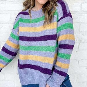 NWT Mardi Gras Color Stripe Round Neck Purple Sweater Top size Small